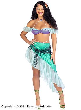 Ariel från Den lilla sjöjungfrun, maskeraddräkt med topp och kjol, pärlor, volangkant och öppna axlar